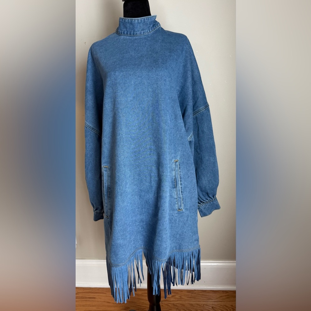 NWT Stylewe Denim Fringe Mock Neck Tunic Dress - Medium - Picture 14 of 16
